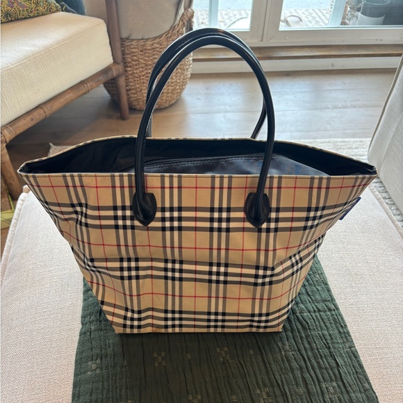 Burberry Handbags - Burberry Blue Label Beige Novacheck Tote with Black Leather Handles